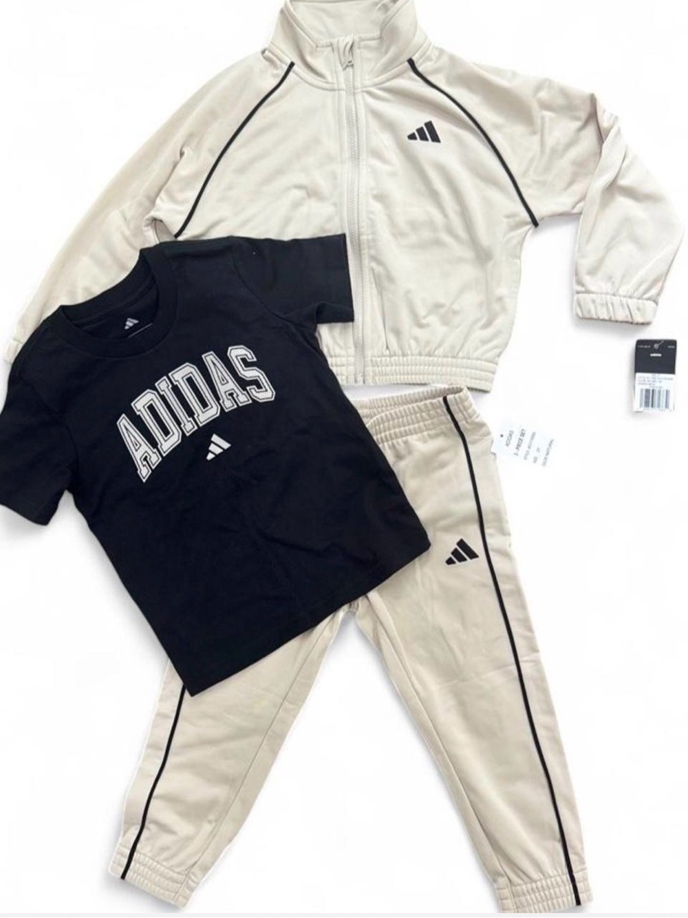 adidas Kids Beige and Black Track Set Joggers with Tee